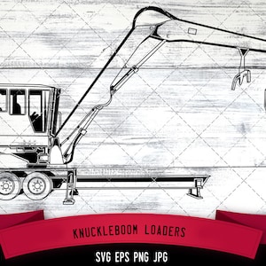 May include: Black and white line art illustration of a knuckleboom loader, a type of heavy equipment used for lifting and moving materials. The loader has a long arm with a grapple claw at the end. The loader is on a flatbed trailer with two sets of wheels.