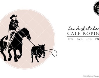 Hand drawn Rodeo Calf Roping clipart clip art, logo, cut files for Silhouette Cameo Studio, Cricut Design Space, Svg, Png, Vector Design