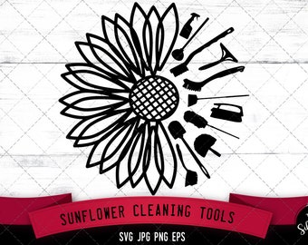 Half Sunflower svg, cleaning tools svg, cleaning brush svg, spray cleaner svg, squeegee svg, spring svg, summer svg, cut files for Cricut