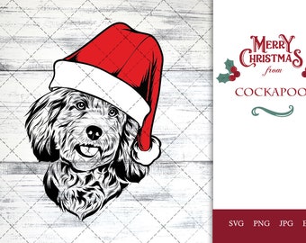 Cockapoo dog svg portrait clipart vector graphic art Xmas hat Christmas dog Cricut cut file cuttable design