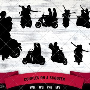 Couples on a scooter Silhouette |  Vespa  Vector | Romantic Date on Moped | silhouette cameo cricut cut files svg