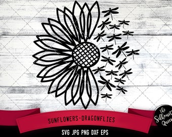 Half Sunflower svg, dragonfly svg, summer svg, nature svg, beautiful svg, cut files for Cricut, Silhouette Design, Svg, PNG, Dxf