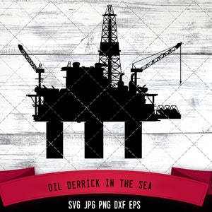May include: Black silhouette of an oil rig in the sea. The rig has a tall tower with a crane and multiple platforms. The text "OIL DERRICK IN THE SEA" is below the image.