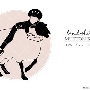 May include: Black and white silhouette of a person wearing a helmet riding a sheep. The image is set against a pink background with a white grid pattern. The text "hand-sketched mutton busting" is below the image.