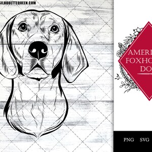 Puede incluir: Ilustración en blanco y negro de un perro American Foxhound. La imagen está sobre un fondo de madera blanca. El texto "AMERICAN FOXHOUND DOG" está en un diamante rojo con detalles florales negros.