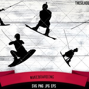 May include: Silhouettes of five people wakeboarding. Each person is holding a rope attached to a boat, and they are all riding on a wakeboard. The silhouettes are black against a white wooden background.