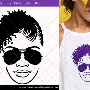 Peut inclure: Silhouette noire et blanche d'une femme aux cheveux bouclés portant des lunettes de soleil. La silhouette est sur un fond blanc.