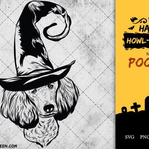 May include: Black and white illustration of a poodle wearing a witch's hat. The text "Happy Howl-O-Ween from Poodle" is in the background.