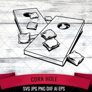 以下が含まれることがあります： コーンホールのゲームセットの白黒線画イラスト。円形の穴のある2つの長方形の木板と、いくつかの正方形のビーンバッグが表示されています。「CORN HOLE」という言葉が赤いバナーに表示されています。