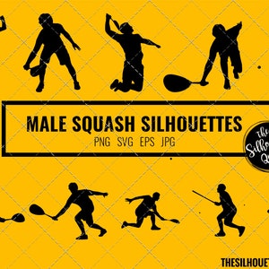 以下が含まれることがあります： スカッシュをしている男性のシルエット。画像には、スカッシュをしている男性の異なるポーズが9つ含まれています。画像の上部には「MALE SQUASH SILHOUETTES」というテキストがあります。タイトルの下には「PNG SVG EPS JPG」というテキストがあります。画像の右下には円の中に「the Silhouette Queen」というテキストがあります。画像の下部には「THESILHOUETTEQUEEN.COM」というテキストがあります。