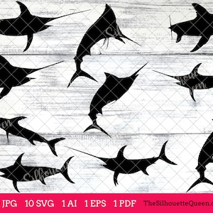 May include: A set of ten black silhouette images of swordfish, perfect for crafting projects, scrapbooking, or digital design.