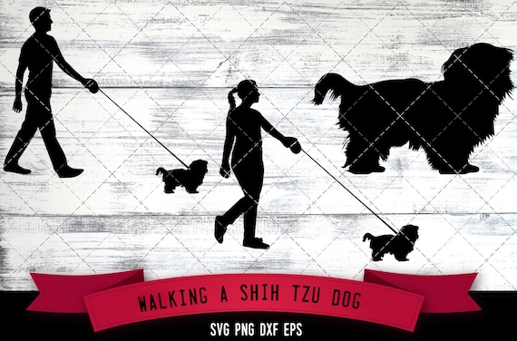 Download Man Woman Walking A Shih Tzu Dog Dog Lover Dog Walker Svg Etsy PSD Mockup Templates