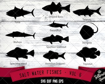 Salt Water Fishes Svg V6 - Tuna, Wahoo, Speckled Hind, Striped Bass, Swordfish, Spotted Sea Trout, Vermilion Snapper, Tarpon Sting Ray