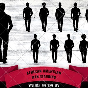 Hombre afroamericano de pie SVG - Hombre Negro, Afro Hombre Nubio Rey, Silhouette Cortantes archivos para cricut Melanin SVG