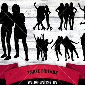 アフリカ系アメリカ人女性グループ 3 人の友人 SVG - 黒人女性、アフロガール ヌビア女王のシルエット クリカット用カッティングファイル メラニン SVG