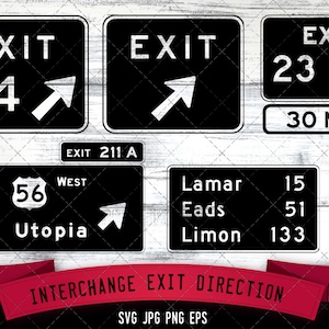 May include: Black and white highway signs with white arrows and text. The signs include exit numbers, directions, and speed limits. The signs are on a white wood background. The text on the signs reads: "EXIT 44", "EXIT", "EXIT 23 B", "30 MPH", "EXIT 211 A", "WEST", "Utopia", "56", "Lamar", "Eads", "Limon", "15", "51", "133".