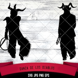 May include: Two black silhouettes of people dressed as devils, with horns and tails, against a white wood background. The text "DANZA DE LOS DIABLOS" is below the silhouettes. The text "SVG JPG PNG EPS" is below the first text.
