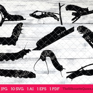 Op de afbeelding: Een set van 10 zwart-witte silhouetbeelden van rupsen in verschillende poses. De afbeeldingen zijn perfect voor knutselen, scrapbooking en andere creatieve projecten.