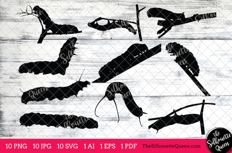 Op de afbeelding: Een set van 10 zwart-witte silhouetbeelden van rupsen in verschillende poses. De afbeeldingen zijn perfect voor knutselen, scrapbooking en andere creatieve projecten.