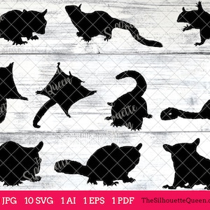 May include: A set of ten black silhouette images of sugar gliders in various poses. The images are on a white wood background.