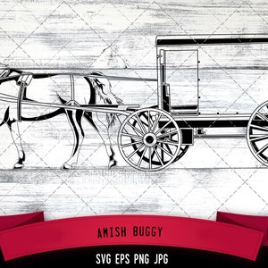 May include: Black and white line art illustration of a horse-drawn Amish buggy. The buggy has a closed back and two large wheels. The horse is pulling the buggy from the left side of the image.