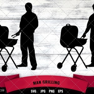 May include: Two black silhouettes of people grilling on a barbecue grill. The people are standing next to the grill, which has a round top and three legs. The grill is on a white wooden background.