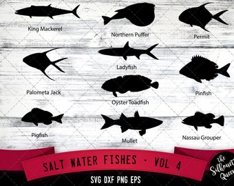 Salt Water Fishes Svg V4 - King Mackerel, Palometa Jack, Pig Fish, Northern Puffer, Ladyfish, Oyster Toadfish, Mullet, Permit, Pinfish