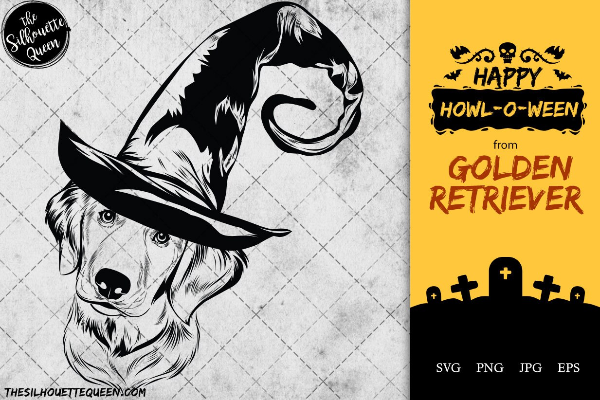 Golden Retriever Dog Svg Portrait Clipart Vector Graphic Art Witch Hat ...