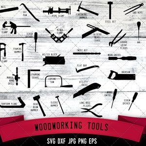 Träbearbetningsverktyg svg - syl, backsåg, stångklämma, blockhyvel, C-klämma, katttass, kombinationsvinkel, kompass, kupsåg, kapsåg, ändnyp