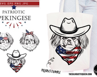 Pekingese Dog svg , Dog in Bandana, sunglasses, Fourth , 4th July Svg, Patriotic, USA Dog, Cricut Silhouette Cut File