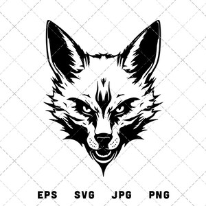 Puede incluir: Ilustración en blanco y negro de la cabeza de un zorro, con detalles precisos y una expresión feroz. La imagen incluye el texto "EPS SVG JPG PNG" en la parte inferior, indicando opciones de formato de archivo.