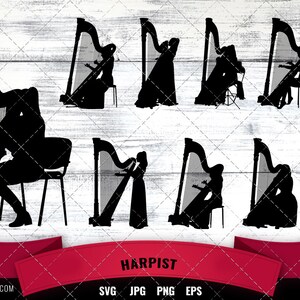 Könnte beinhalten: Silhouettenbilder einer Harfenspielerin, die in verschiedenen Posen Harfe spielt. Das Bild enthält den Text "Harpist" und "The Silhouette Queen".