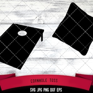 以下が含まれることがあります： 黒いコーンホールトスのゲームデザイン。画像には、穴のあるコーンホールボードとビーンバッグが表示されています。ボードとバッグには、ステッチされたダイヤモンドパターンがあります。「Cornhole Toss」というテキストが赤いバナーに表示されています。