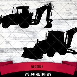 May include: Black silhouette images of a backhoe and excavator on a white and gray wood grain background. A red banner at the bottom reads "BACKHOE" with file type options below. The Silhouette Queen logo is in the bottom right corner.