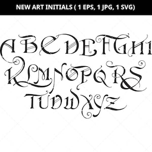 May include: A black and white alphabet font with decorative flourishes. The letters are stylized and have a vintage feel. The font is called "New Art Initials".