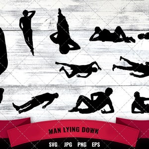May include: Black silhouette illustrations of a person in various poses, including standing, lying down, and seated. The image has a white wood grain background with a red banner that reads "MAN LYING DOWN".