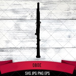 May include: Black silhouette of an oboe on a white woodgrain background with a red ribbon banner that says "OBOE" and "SVG JPG PNG EPS".
