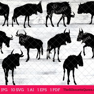 Może przedstawiać: Dziesięć czarnych sylwetkę gnu w różnych pozach. Obrazy są umieszczone na białym tle z fakturą drewna.