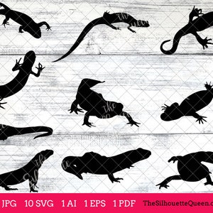May include: A set of ten black silhouette images of lizards in various poses. The images are set against a white woodgrain background.