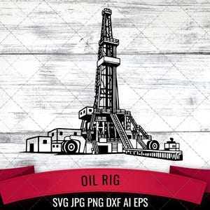 May include: Black and white illustration of an oil rig, featuring a tall derrick and associated machinery. The image includes the text "OIL RIG" on a red banner, with file type information below. The background is a white wood-grain pattern.
