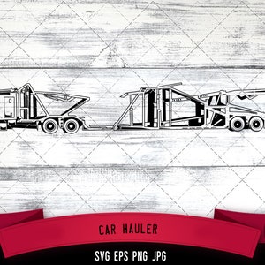 May include: Black and white line art illustration of a car hauler truck. The truck has a flatbed trailer with a ramp for loading cars. The image is on a white wood background with the text "CAR HAULER" and "SVG EPS PNG JPG" below the image.