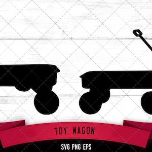 May include: Two black silhouette images of toy wagons with handles. The text "TOY WAGON" and "SVG PNG EPS" is below the images.