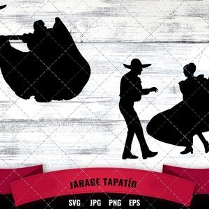 May include: Silhouette of two couples dancing the Jarabe Tapatío, a traditional Mexican folk dance. The dancers are wearing sombreros and traditional clothing.