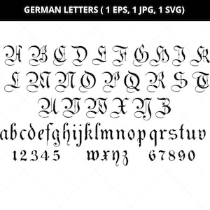 Könnte beinhalten: Schwarzweißes Schriftalphabet mit Groß- und Kleinbuchstaben, Zahlen und den Worten "GERMAN LETTERS (1 EPS, 1 JPG, 1 SVG)".
