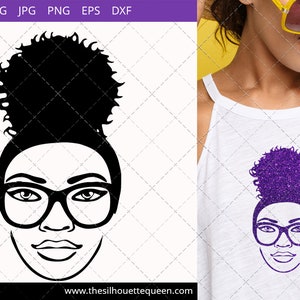 Afro Frau Svg mit Brille und einem Puff, Bun, Pferdeschwanz Svg, Afroamerikanische schwarze Frau mit lockigen Haaren, geschnittene Dateien - Cricut, schwarze Geschichte