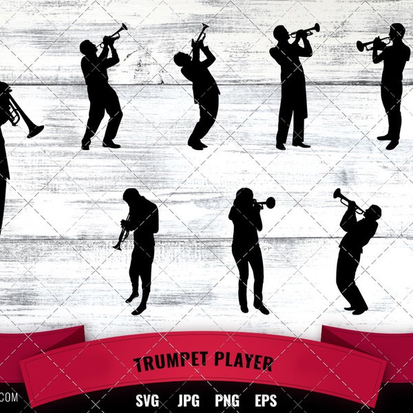 Trumpet Player svg file, jazz musician svg cut file, silhouette studio, cricut design space, Svg, Png, Eps, Clipart Vector Design