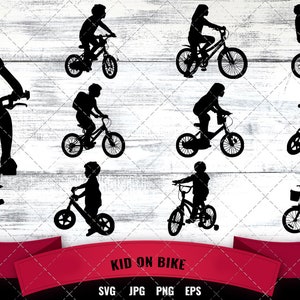 自転車に乗る子供 svg、遊ぶ子供 svg、公園にいる子供、幸せな男の子、自転車に乗る子供、Cricut 用のカット ファイル、シルエット デザイン、ベクター クリップアート