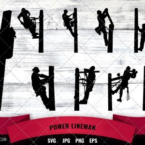 May include: Silhouettes of power linemen working on utility poles. The image is black and white and has a wood grain background. The text "POWER LINEMAN" is at the bottom of the image.
