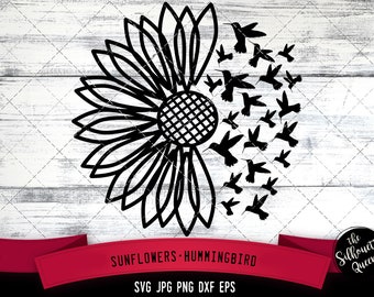 Half Sunflowers svg, hummingbird svg, sunshine svg, sunflower clipart svg, birds svg, cut files for Cricut, Silhouette Design, Svg, PNG, Dxf