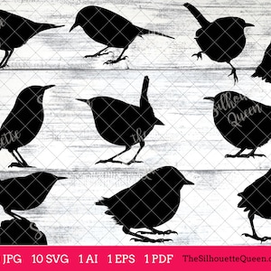 May include: A set of ten black silhouette images of wrens, a small songbird, in various poses. The images are on a white wood background. The text "The Silhouette Queen" is at the bottom of the image.